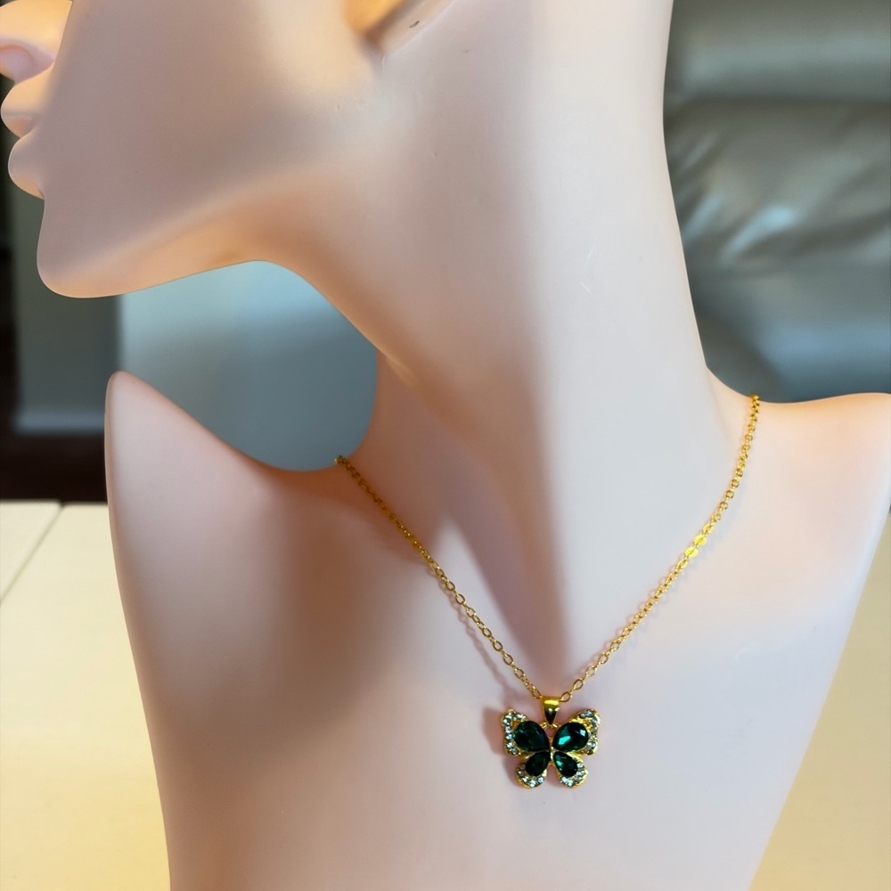 Green Butterfly Gold Tone Rhinestone Accents Necklace (N47) - Picture 5 of 7